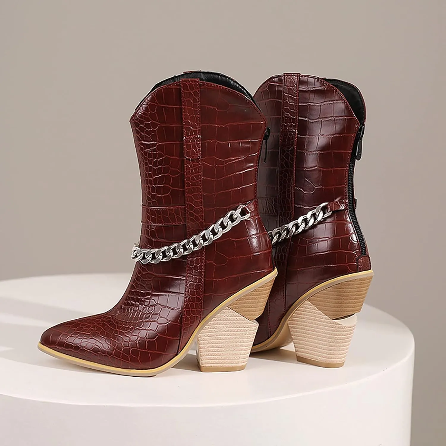 Ankle Cowboy Boots for Women Wide Calf Cowgirl Boots Retro Pointed Toe Chunky Heel Thick Heel Slip on Back Zipper