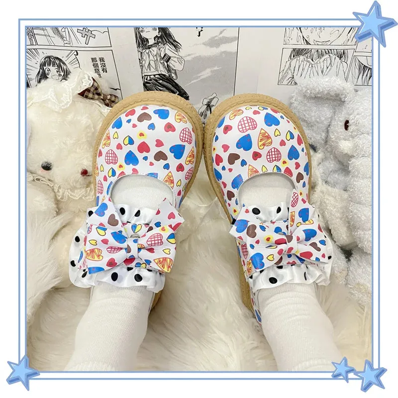 binfenxie  -  Cute Print Round Big Toe Lolita Shoes Kawaii Wedge Japanese Jk Uniform Student Casual College Girls Cosplay Mid Heel Shoes