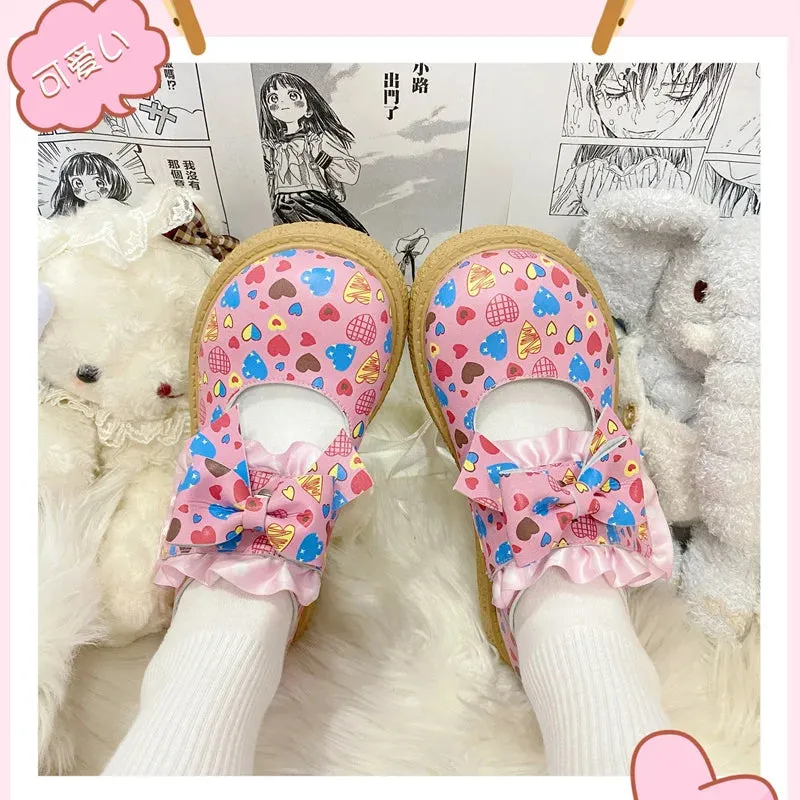 binfenxie  -  Cute Print Round Big Toe Lolita Shoes Kawaii Wedge Japanese Jk Uniform Student Casual College Girls Cosplay Mid Heel Shoes