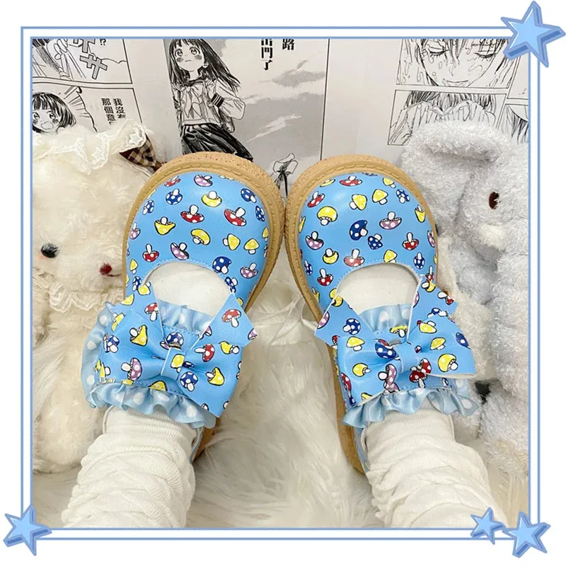 binfenxie  -  Cute Print Round Big Toe Lolita Shoes Kawaii Wedge Japanese Jk Uniform Student Casual College Girls Cosplay Mid Heel Shoes