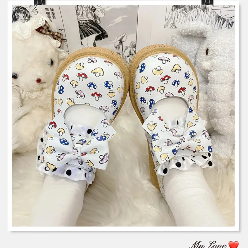 binfenxie  -  Cute Print Round Big Toe Lolita Shoes Kawaii Wedge Japanese Jk Uniform Student Casual College Girls Cosplay Mid Heel Shoes