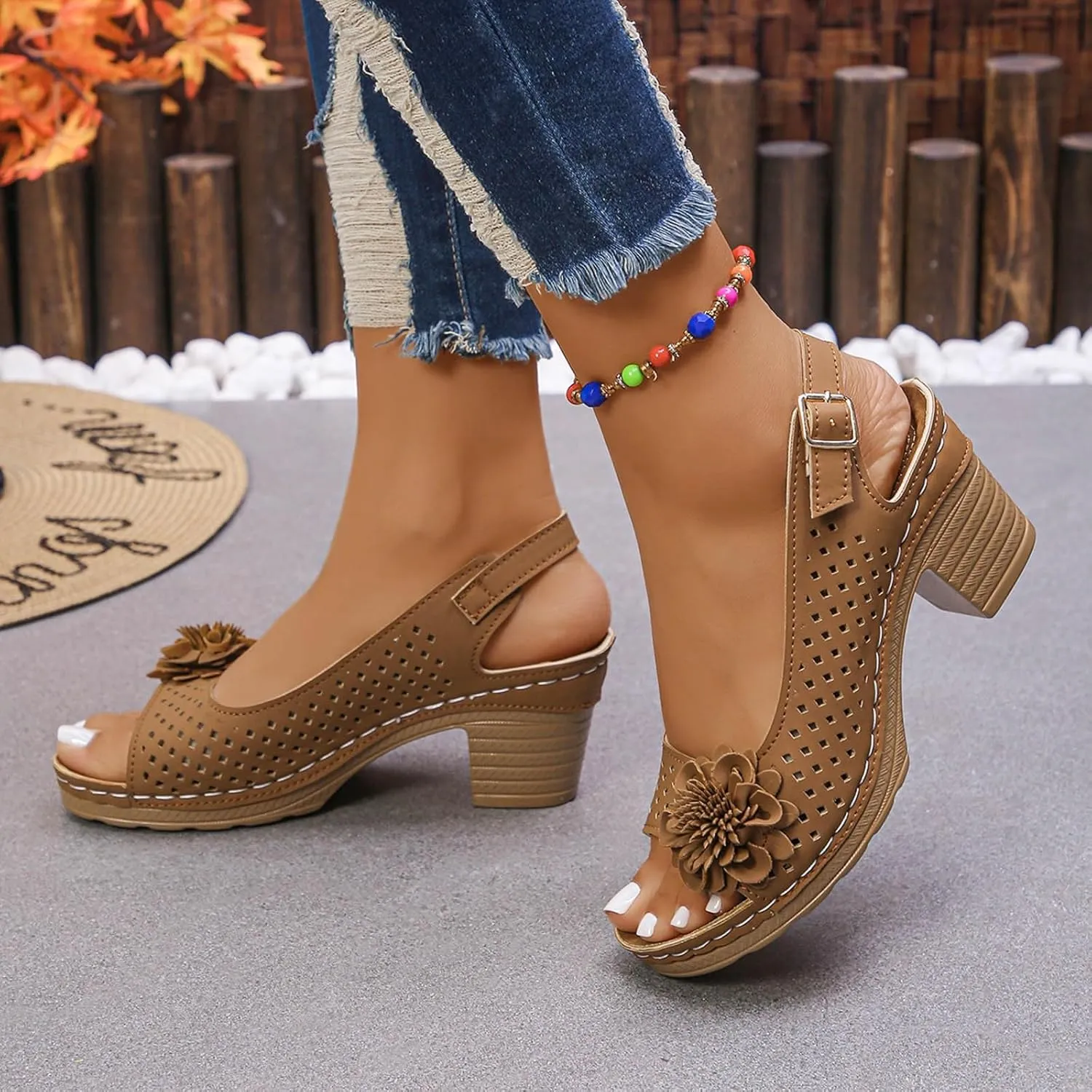 Chuncky Heel Sandals for Women 2025,Block Heels Fish Mouth Flowers Sandal Summer Casual Ankle Strap Hollow Out Platform Wedge Sandal