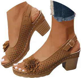 Chuncky Heel Sandals for Women 2025,Block Heels Fish Mouth Flowers Sandal Summer Casual Ankle Strap Hollow Out Platform Wedge Sandal