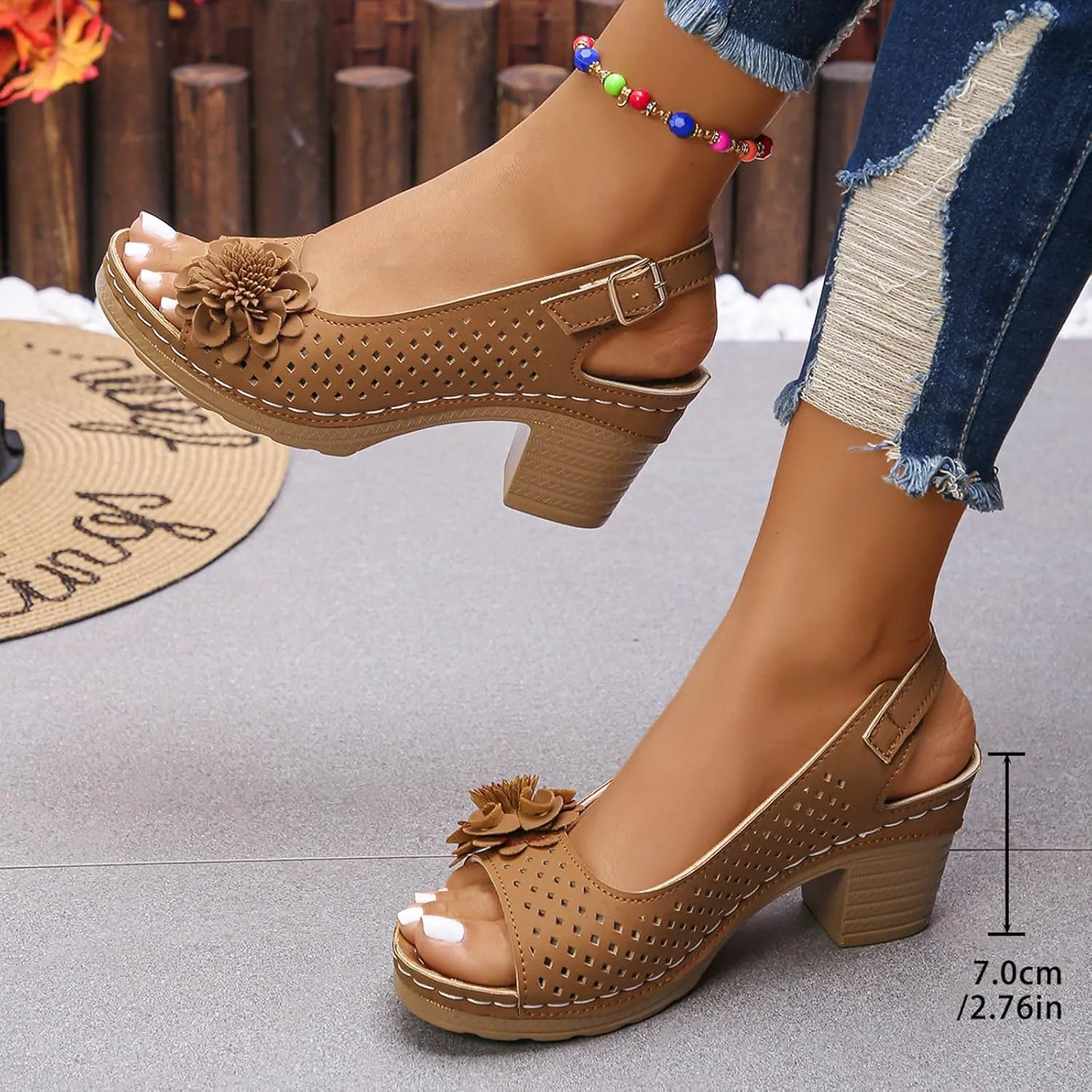 Chuncky Heel Sandals for Women 2025,Block Heels Fish Mouth Flowers Sandal Summer Casual Ankle Strap Hollow Out Platform Wedge Sandal