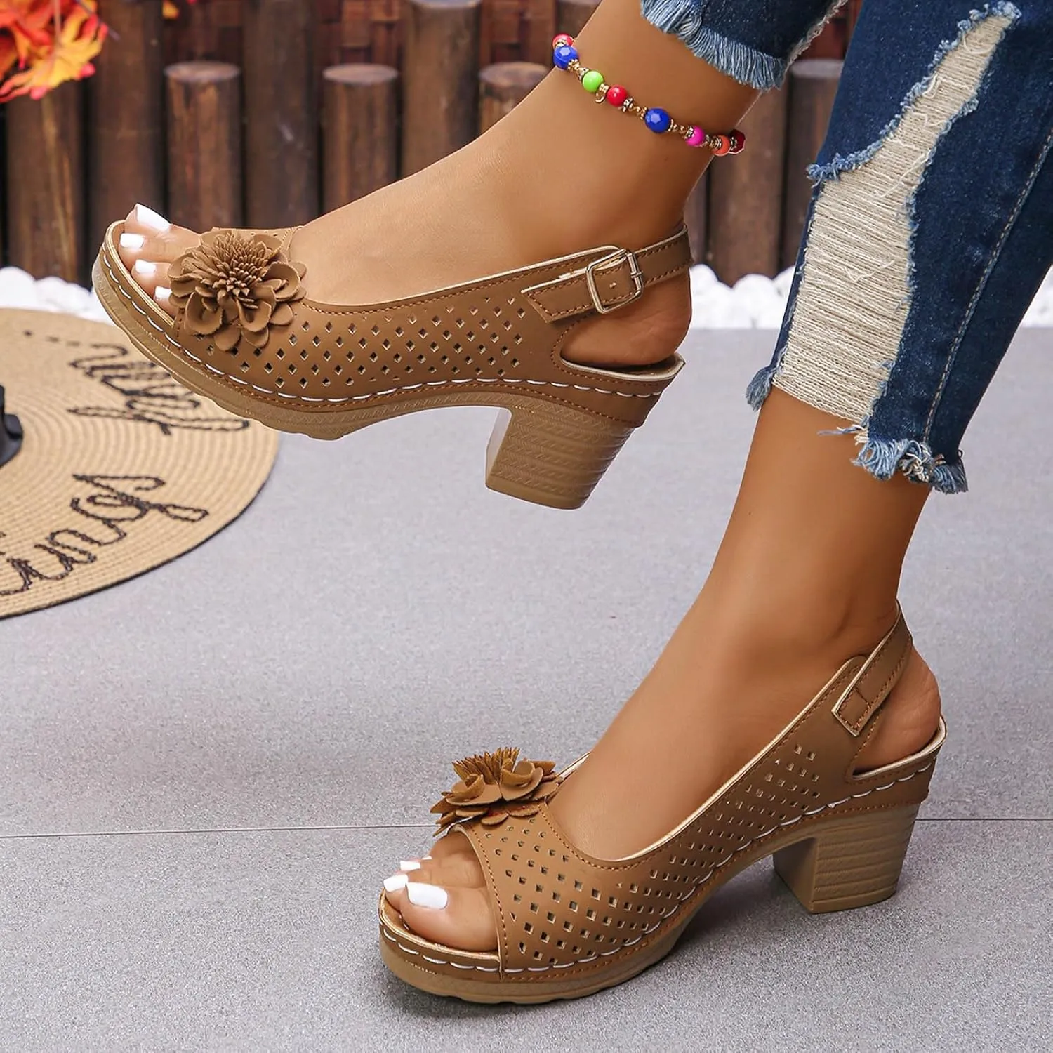 Chuncky Heel Sandals for Women 2025,Block Heels Fish Mouth Flowers Sandal Summer Casual Ankle Strap Hollow Out Platform Wedge Sandal