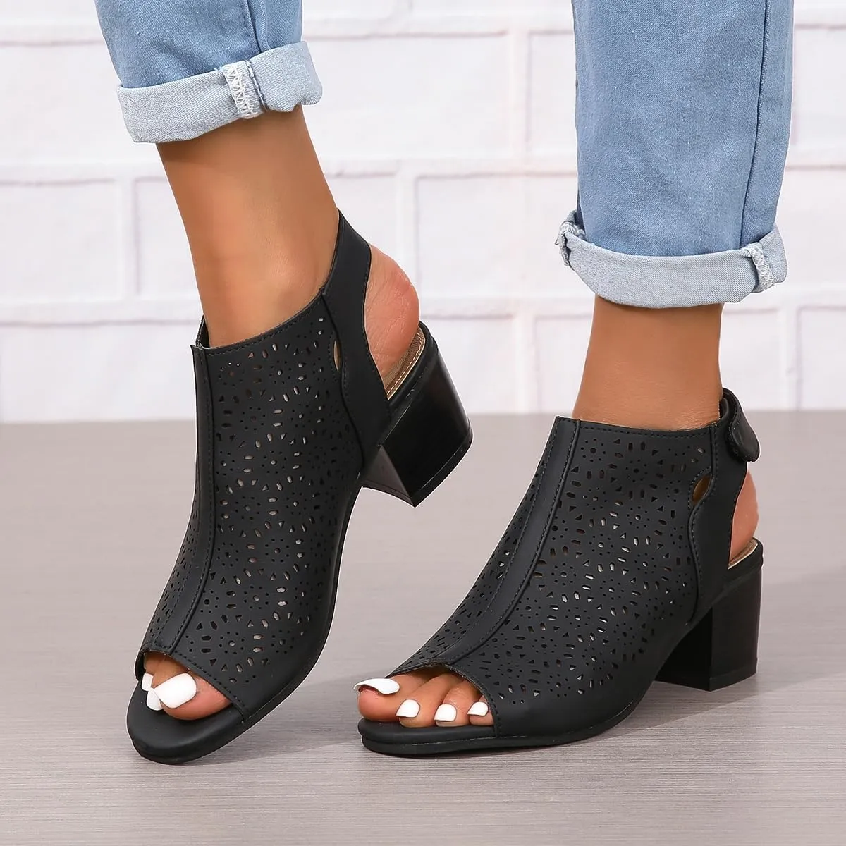 Chunky Sandals for Women Orthopedic Fashion Non Slip Middle Heels Breathable Hollow Out Slingback Sandals Ladies Elegant Summer Walking Shoes and Hook And Loop Closure