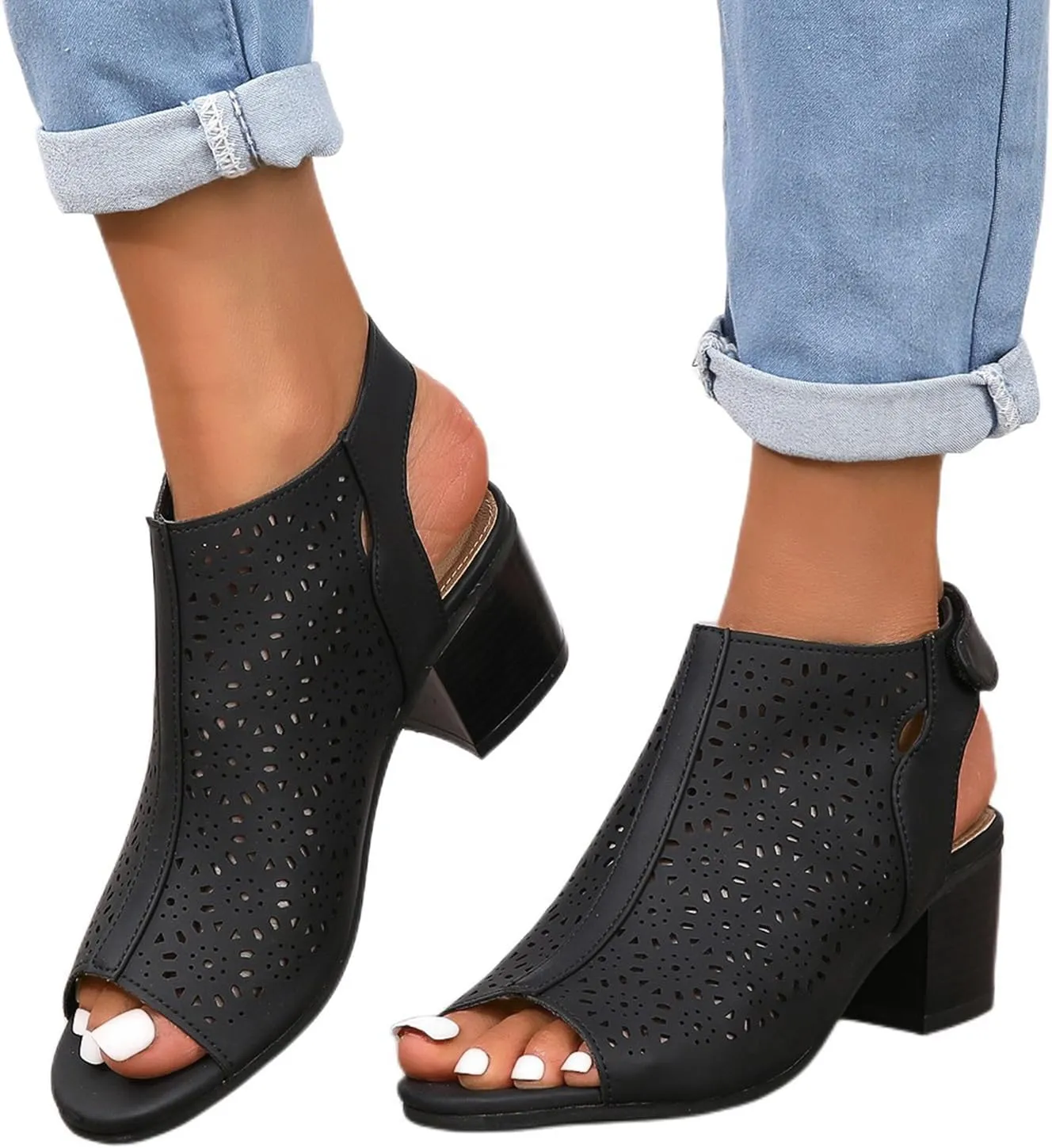 Chunky Sandals for Women Orthopedic Fashion Non Slip Middle Heels Breathable Hollow Out Slingback Sandals Ladies Elegant Summer Walking Shoes and Hook And Loop Closure