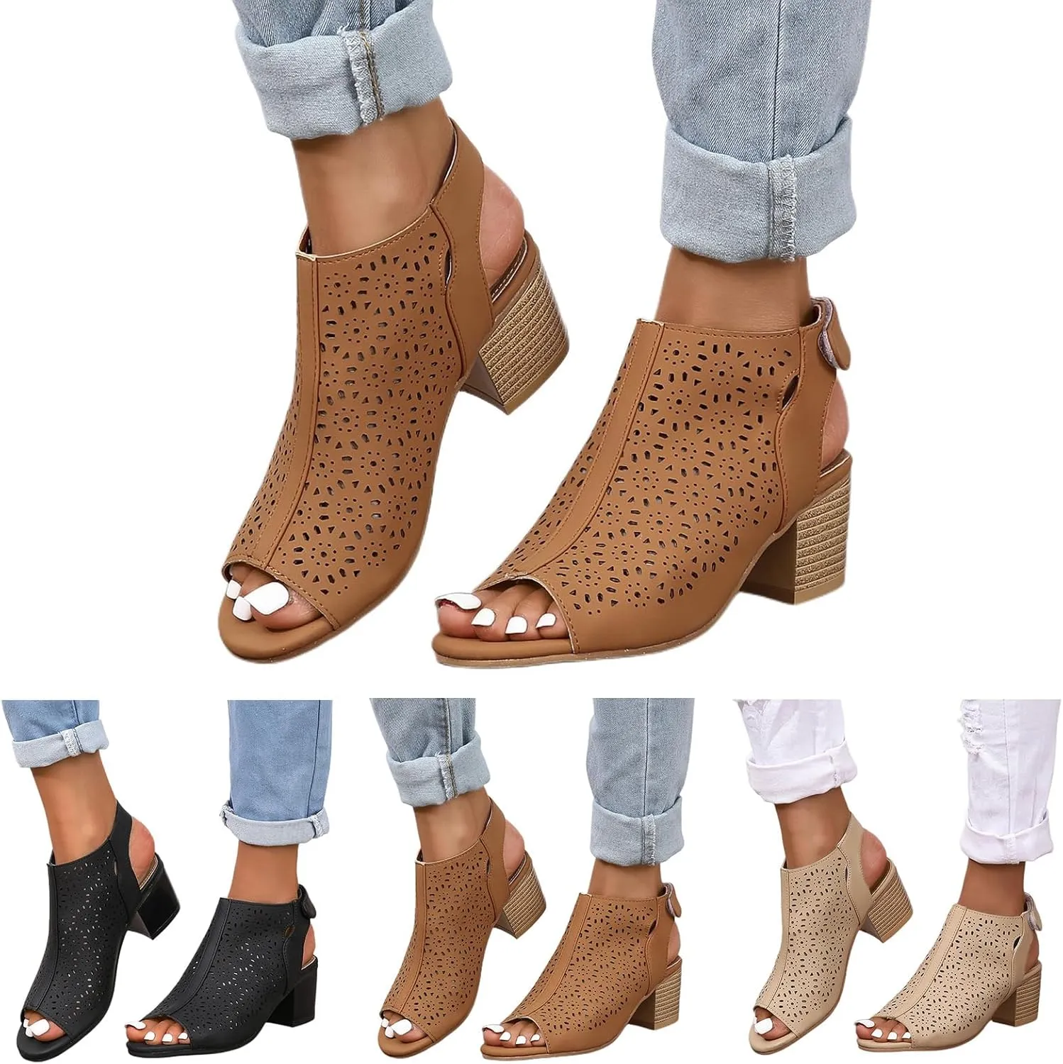 Chunky Sandals for Women Orthopedic Fashion Non Slip Middle Heels Breathable Hollow Out Slingback Sandals Ladies Elegant Summer Walking Shoes and Hook And Loop Closure