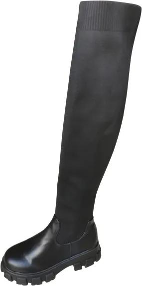 Crzidha Womens Over The Knee High Boots,Soft Stretch Patchwork Knit Sock Long Tall Boots Leather Round Toe Wide Width Non-Slip Lug Sole Knee Length Boots for Ladies Disco Party Dance Shoes