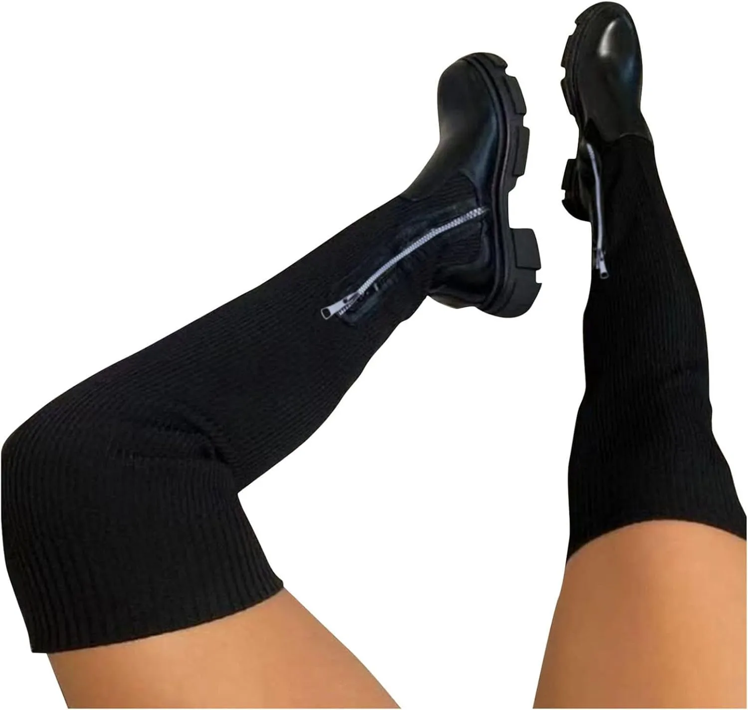 Crzidha Womens Over The Knee High Boots,Soft Stretch Patchwork Knit Sock Long Tall Boots Leather Round Toe Wide Width Non-Slip Lug Sole Knee Length Boots for Ladies Disco Party Dance Shoes