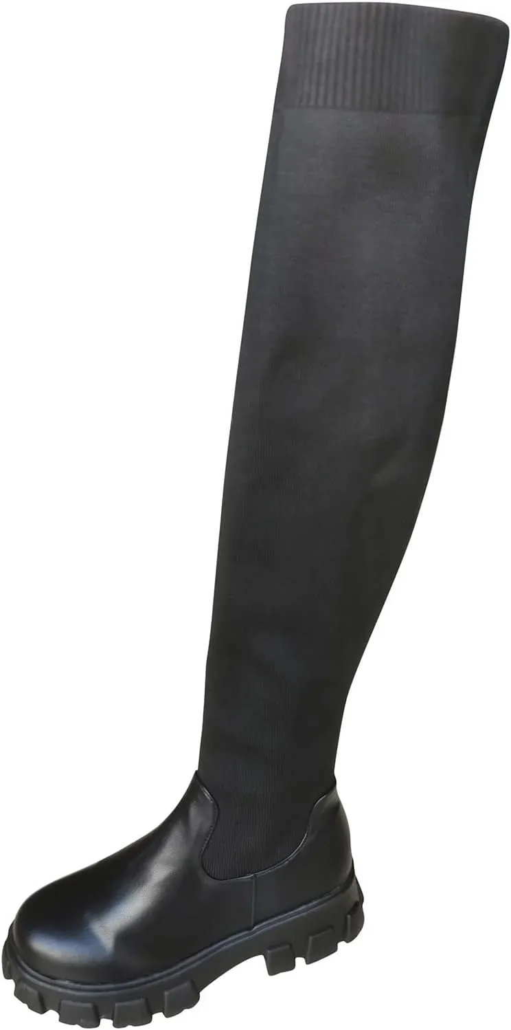 Crzidha Womens Over The Knee High Boots,Soft Stretch Patchwork Knit Sock Long Tall Boots Leather Round Toe Wide Width Non-Slip Lug Sole Knee Length Boots for Ladies Disco Party Dance Shoes