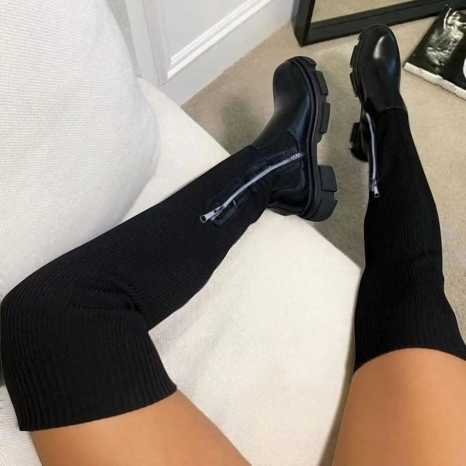 Crzidha Womens Over The Knee High Boots,Soft Stretch Patchwork Knit Sock Long Tall Boots Leather Round Toe Wide Width Non-Slip Lug Sole Knee Length Boots for Ladies Disco Party Dance Shoes