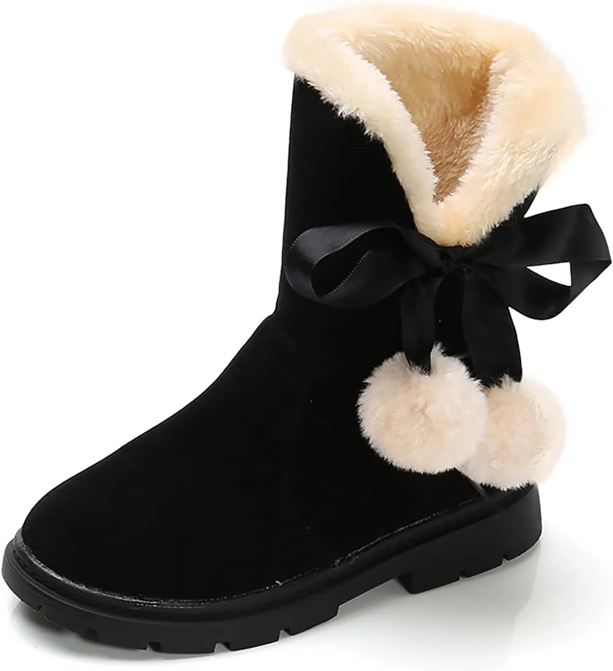 Girls Winter  Boots Princess Mid-Calf Bowknot Booties Kids Lightweight Warm Plush Soft Velvet Snow Shoes