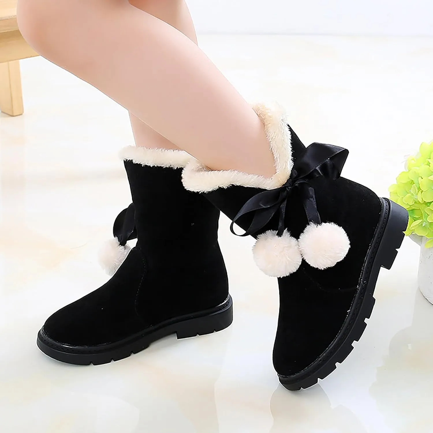 Girls Winter  Boots Princess Mid-Calf Bowknot Booties Kids Lightweight Warm Plush Soft Velvet Snow Shoes