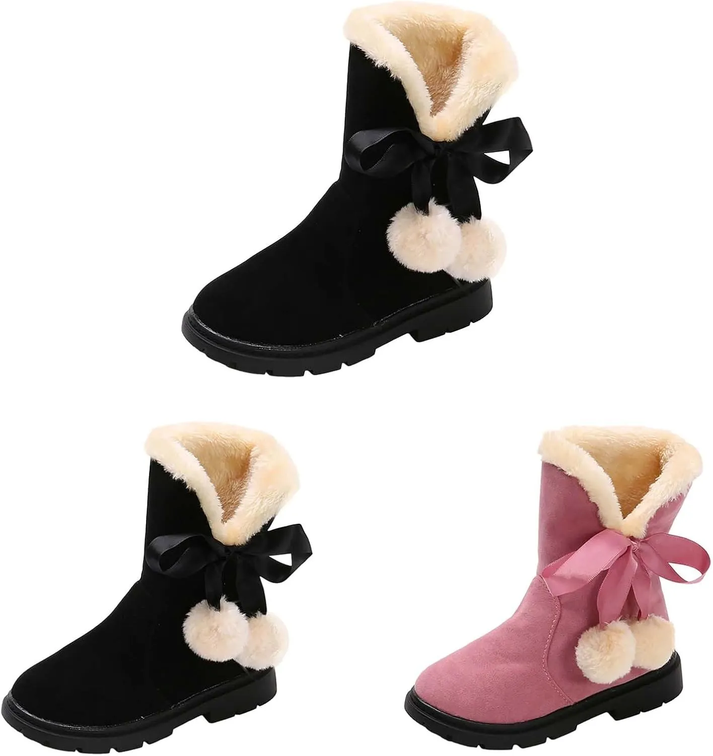 Girls Winter  Boots Princess Mid-Calf Bowknot Booties Kids Lightweight Warm Plush Soft Velvet Snow Shoes
