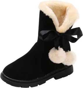 Girls Winter  Boots Princess Mid-Calf Bowknot Booties Kids Lightweight Warm Plush Soft Velvet Snow Shoes