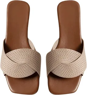 GORGLITTER Women's Crochet Flat Sandals Crossover Square Open Toe Comfortable Slip On Slide Sandals Khaki 8