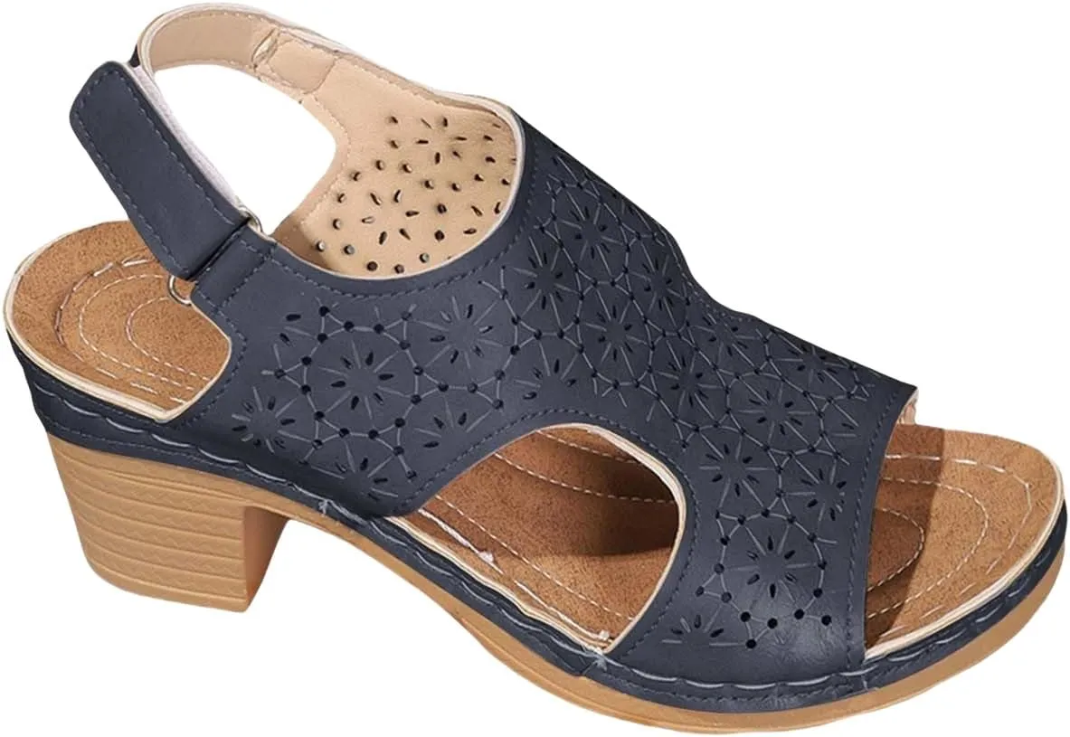 Heeled Sandals for Women Breathable Cutout Slip On Low Wedge Sandals Open Toe Hook and Loop Chunky Heels Dress Shoes Indoor Outdoor for Summer