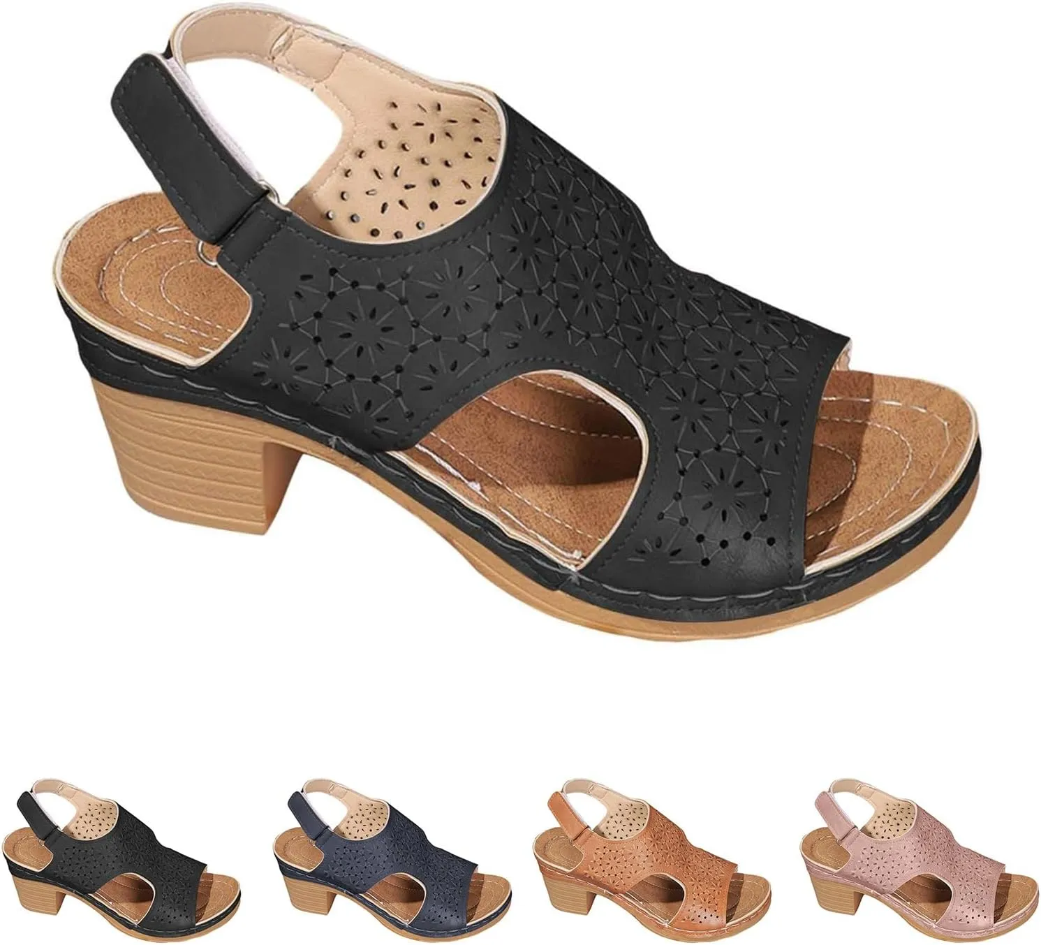 Heeled Sandals for Women Breathable Cutout Slip On Low Wedge Sandals Open Toe Hook and Loop Chunky Heels Dress Shoes Indoor Outdoor for Summer