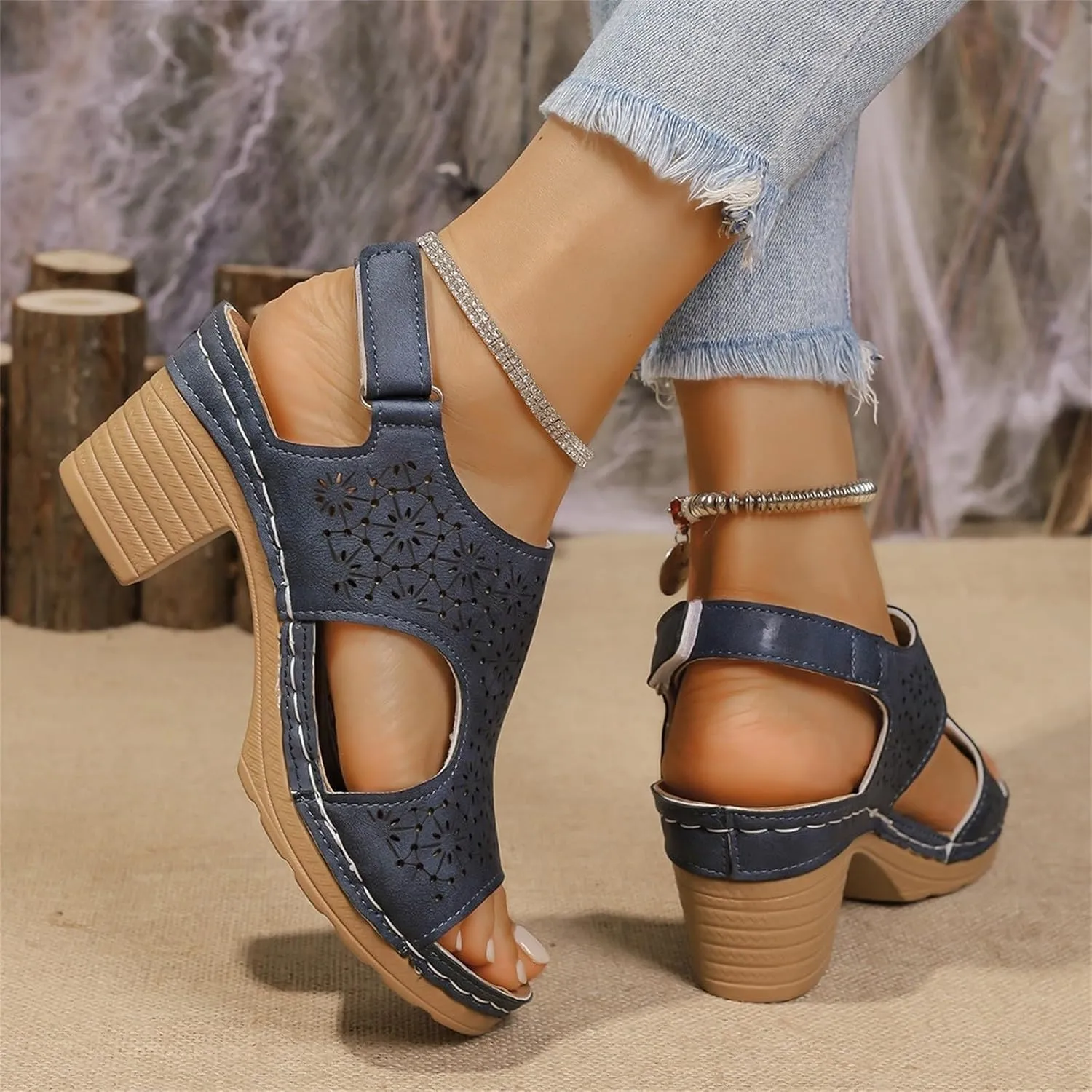 Heeled Sandals for Women Breathable Cutout Slip On Low Wedge Sandals Open Toe Hook and Loop Chunky Heels Dress Shoes Indoor Outdoor for Summer