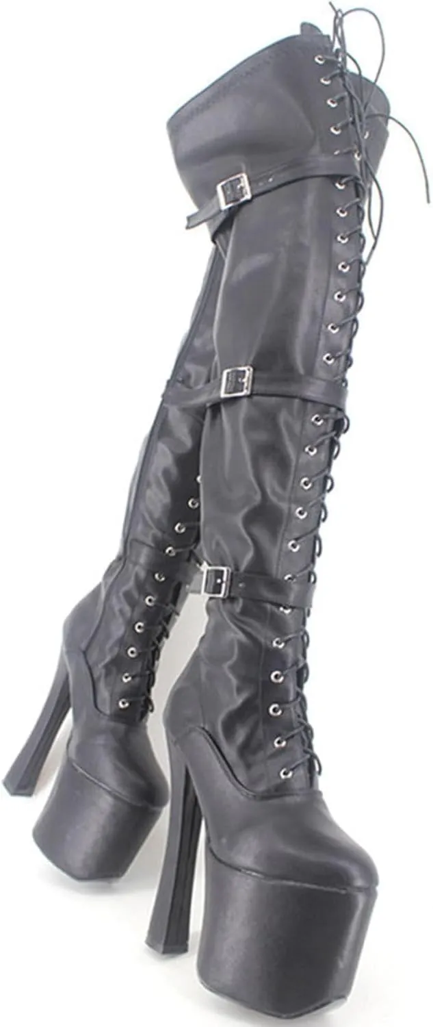 High heels 20cm over the knee boots high boots patent leather thick heels lace up