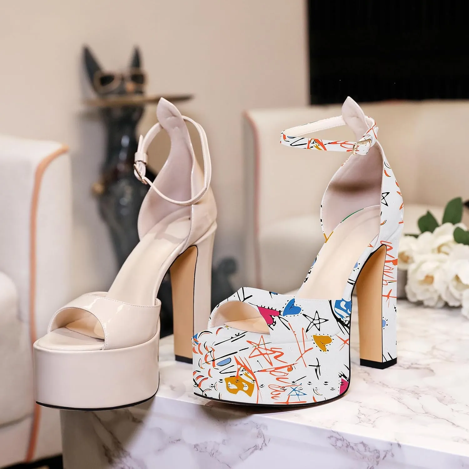 Joseywade Open Peep Toe Platform Chunky Heels High High Heeled Sandals Women 5.5 Inch Ankle Strap Shoes US Size 5-15