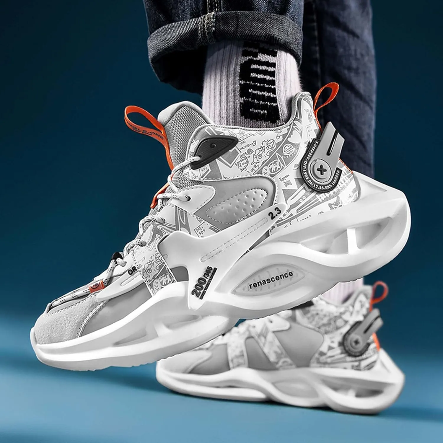 Mens High Top Lace Up Casual Sports Shoes Anti Slip and Wear Resistant Rubber Soles Basketball Shoes High Elasticity Running Shoes Lightweight Carrying Tennis Sports Shoes Breathable Badminton Shoes