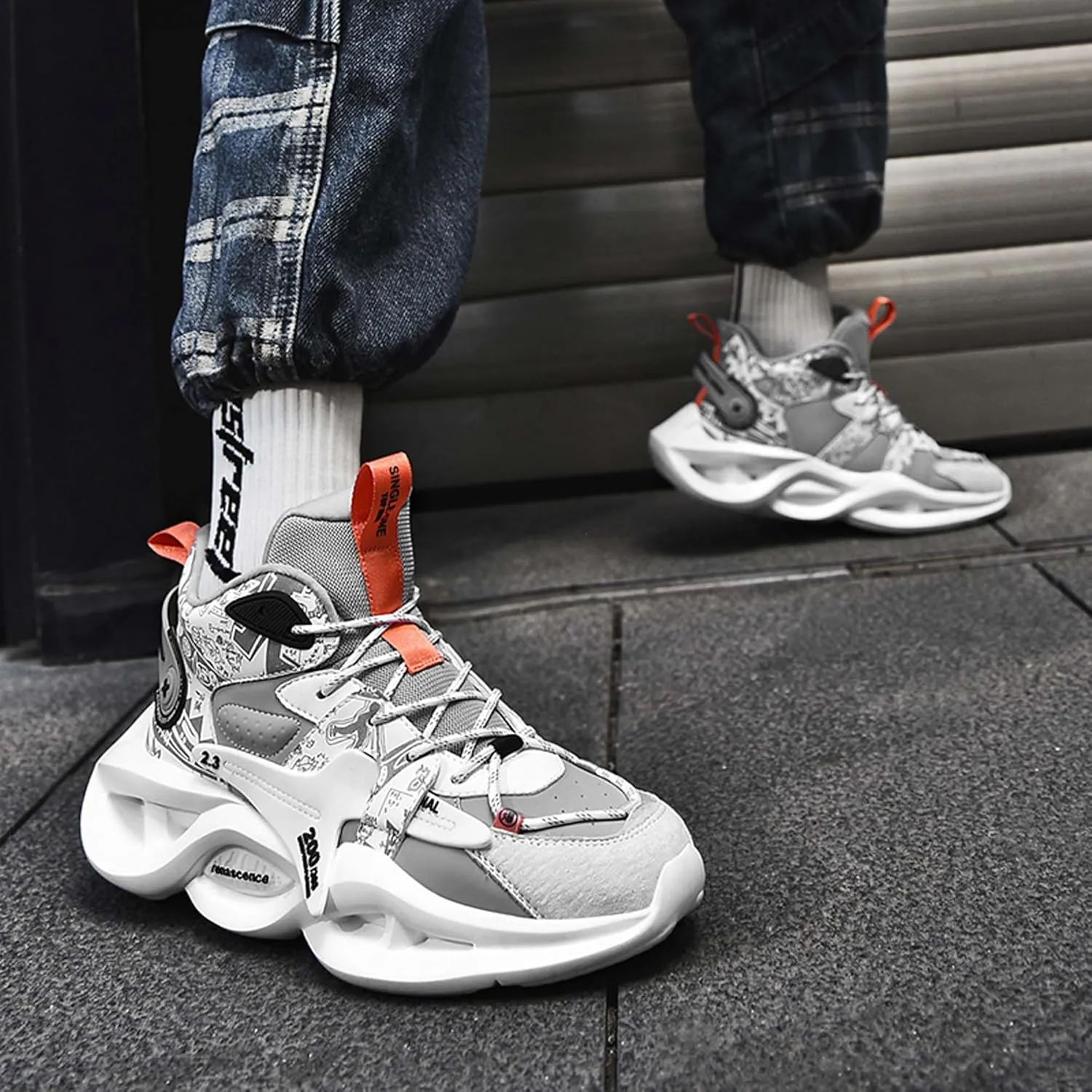 Mens High Top Lace Up Casual Sports Shoes Anti Slip and Wear Resistant Rubber Soles Basketball Shoes High Elasticity Running Shoes Lightweight Carrying Tennis Sports Shoes Breathable Badminton Shoes