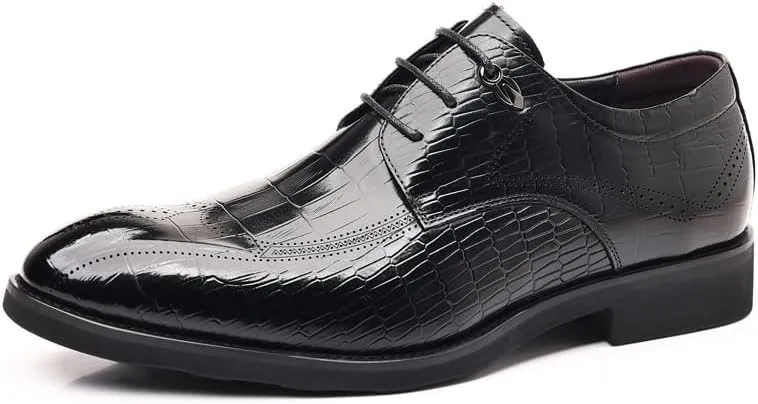 Mens Leather Shoes Non-Slip Business Wingtip Lace Up Dress Shoes Genuine Leather Patent Leather Formal Oxford Dress Shoes(8.5)