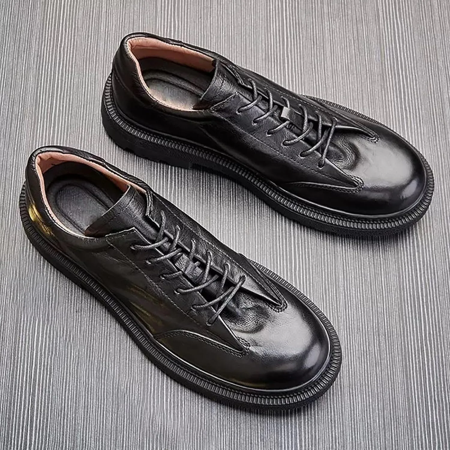Nature Leather Mens Dress Shoes，Breathable Round Toe Fashion Platform Elegant Genuine Leather Outdoor Oxfords Shoes Man