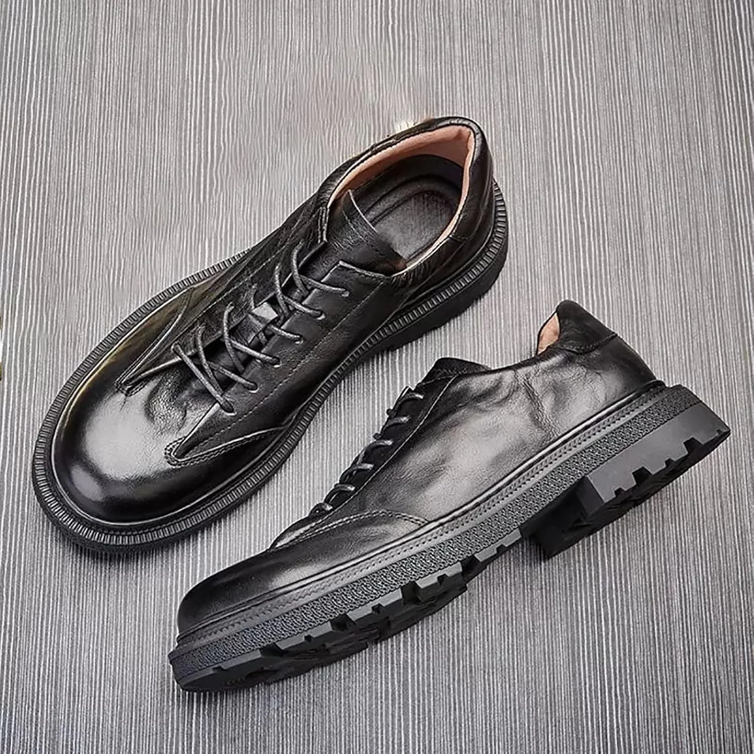 Nature Leather Mens Dress Shoes，Breathable Round Toe Fashion Platform Elegant Genuine Leather Outdoor Oxfords Shoes Man