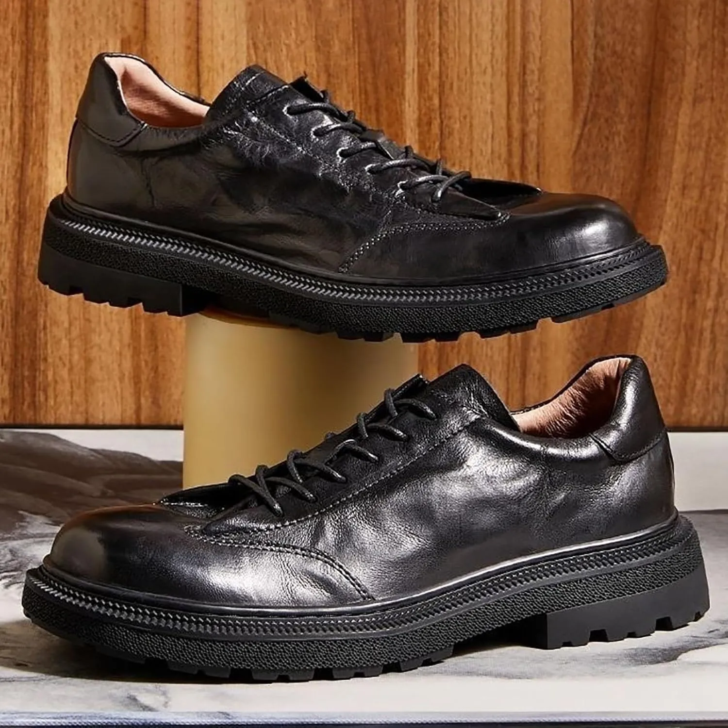 Nature Leather Mens Dress Shoes，Breathable Round Toe Fashion Platform Elegant Genuine Leather Outdoor Oxfords Shoes Man