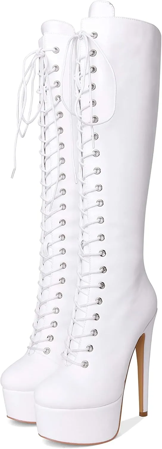 Richealnana Women's Platform Lace Up Stiletto High Heels Knee High Boots