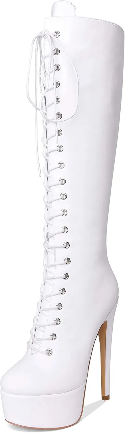 Richealnana Women's Platform Lace Up Stiletto High Heels Knee High Boots