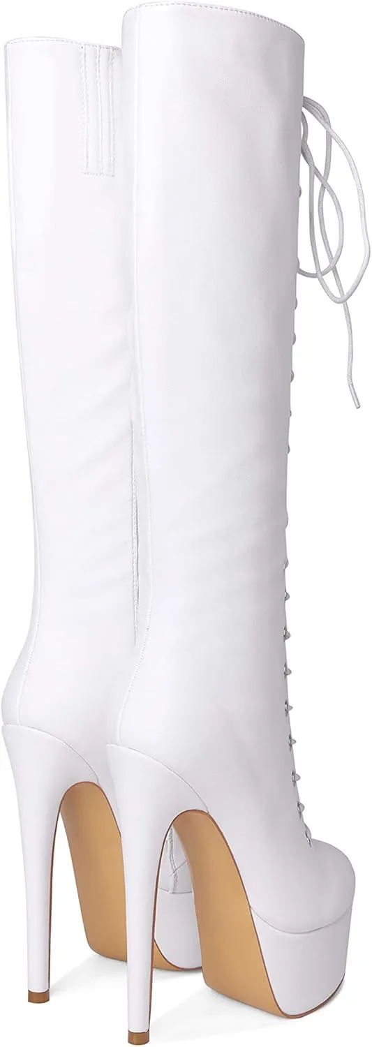 Richealnana Women's Platform Lace Up Stiletto High Heels Knee High Boots