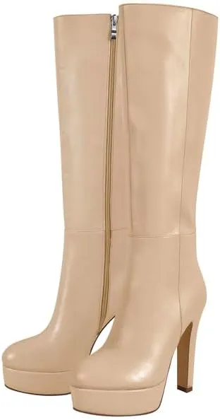 Richealnana Women's Platform Stiletto Heel Side Zipper Knee High Boots Solid Long Boots