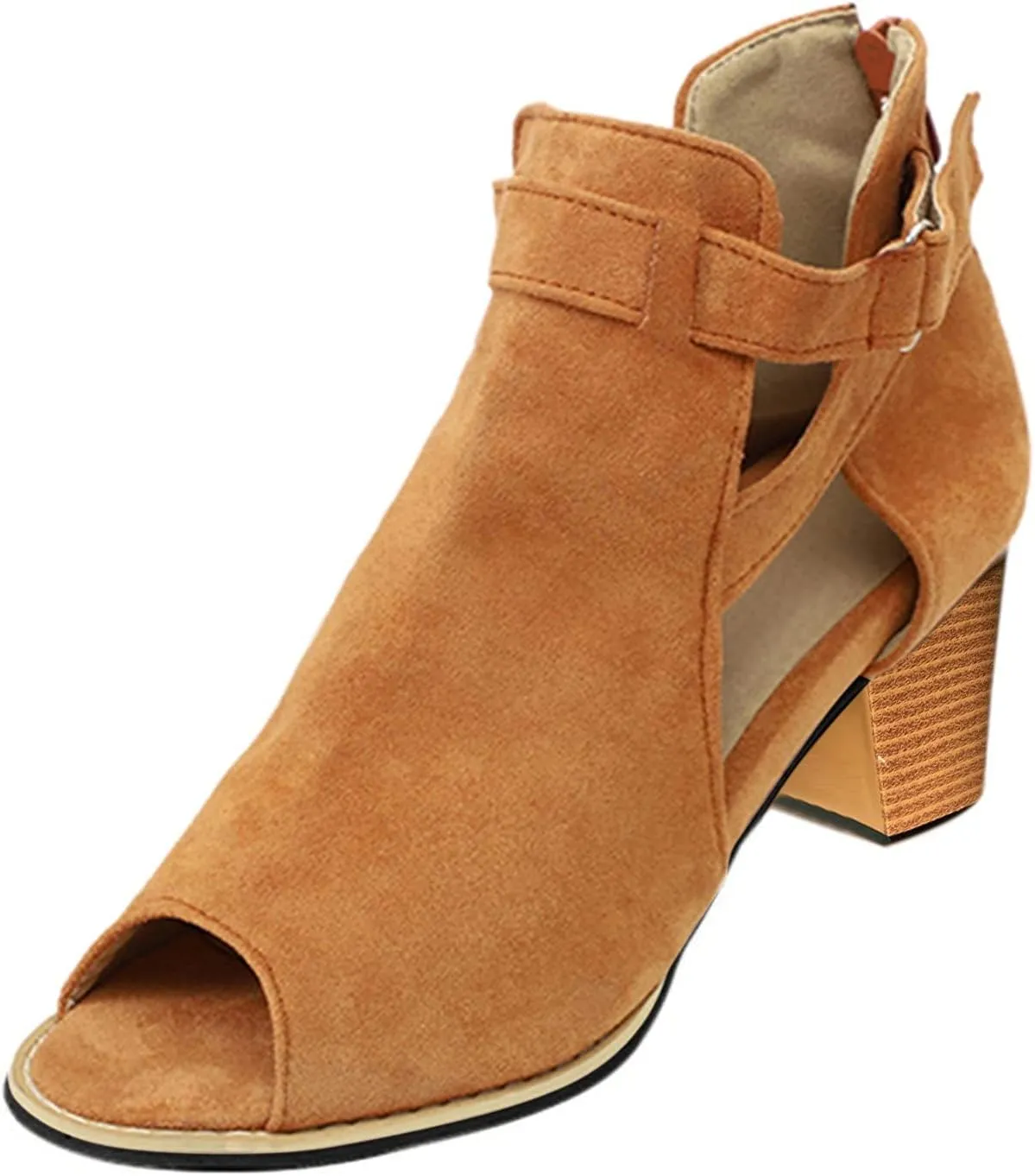 Sandals Women Fashion, Women's Suede Peep Toe Ankle Booties Cut Out Stacked Block Heel Ankle Boots Drssy