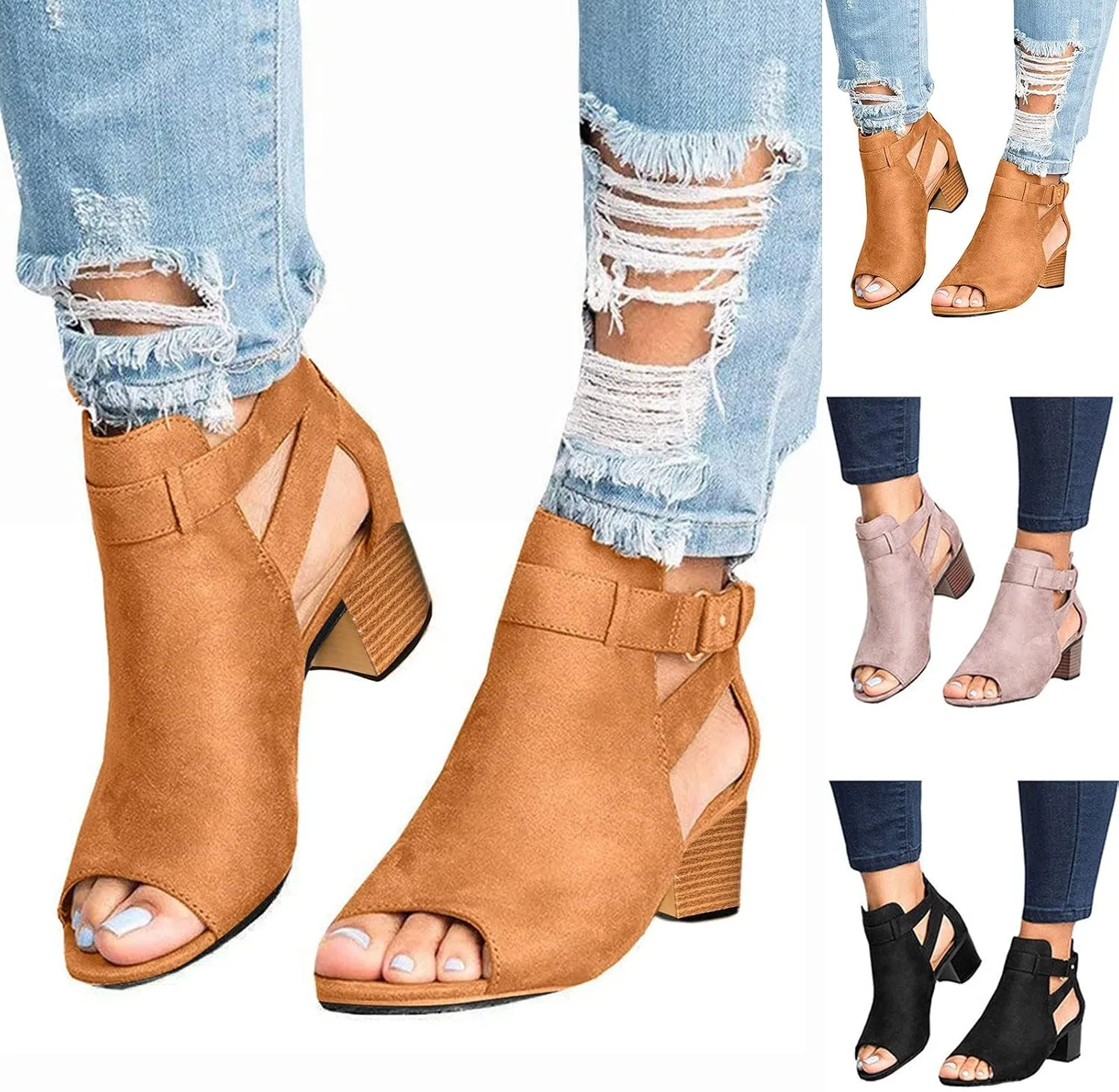 Sandals Women Fashion, Women's Suede Peep Toe Ankle Booties Cut Out Stacked Block Heel Ankle Boots Drssy