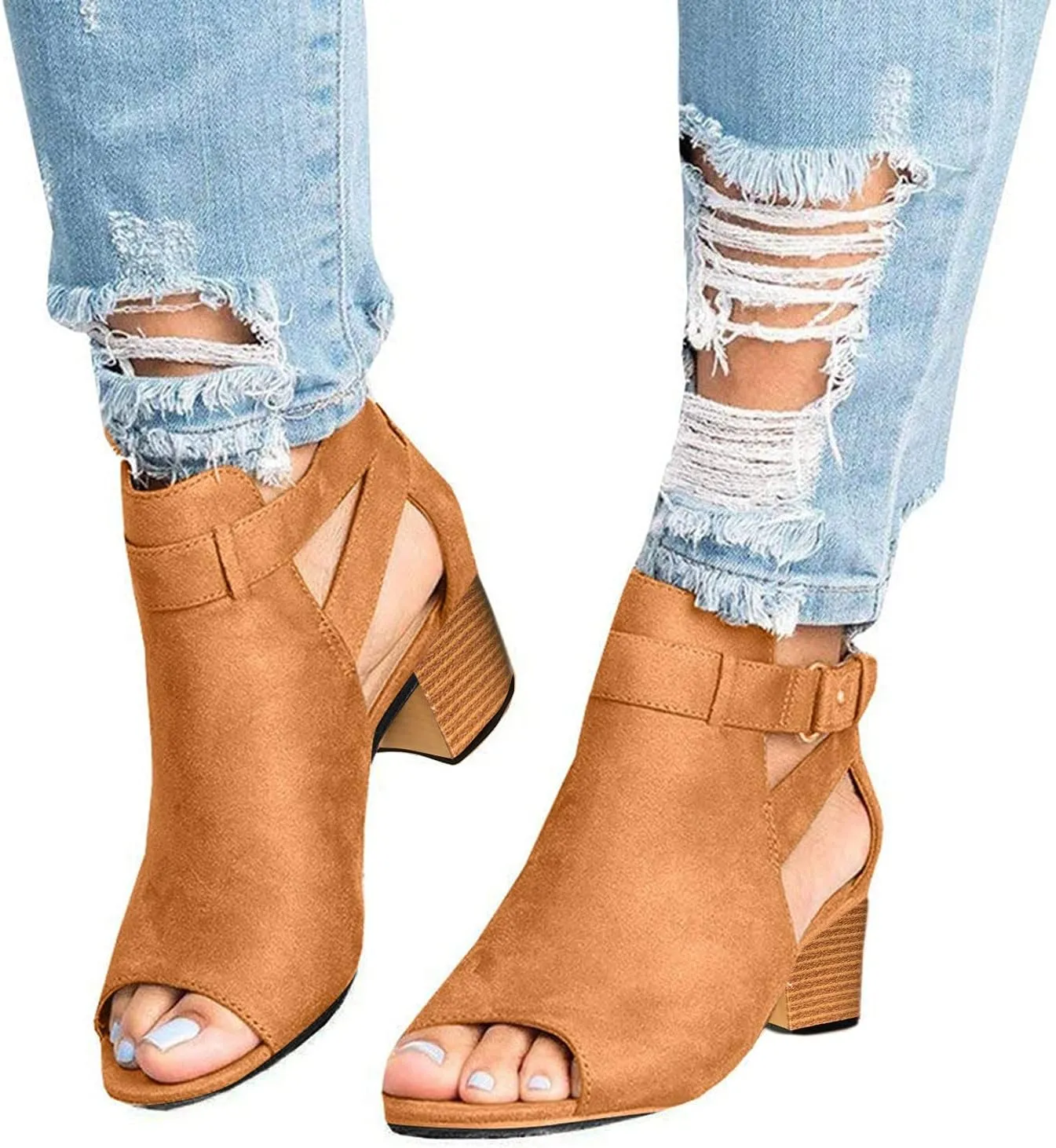 Sandals Women Fashion, Women's Suede Peep Toe Ankle Booties Cut Out Stacked Block Heel Ankle Boots Drssy