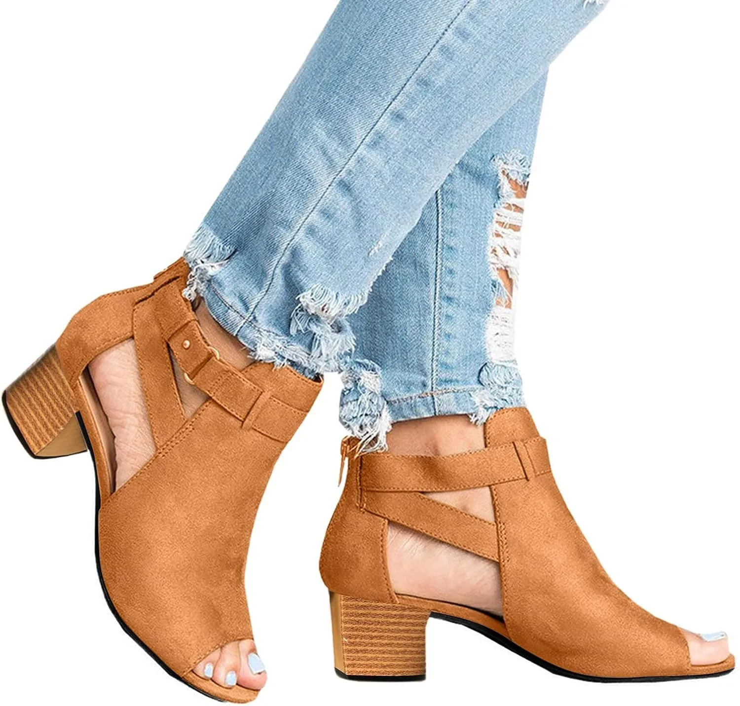Sandals Women Fashion, Women's Suede Peep Toe Ankle Booties Cut Out Stacked Block Heel Ankle Boots Drssy