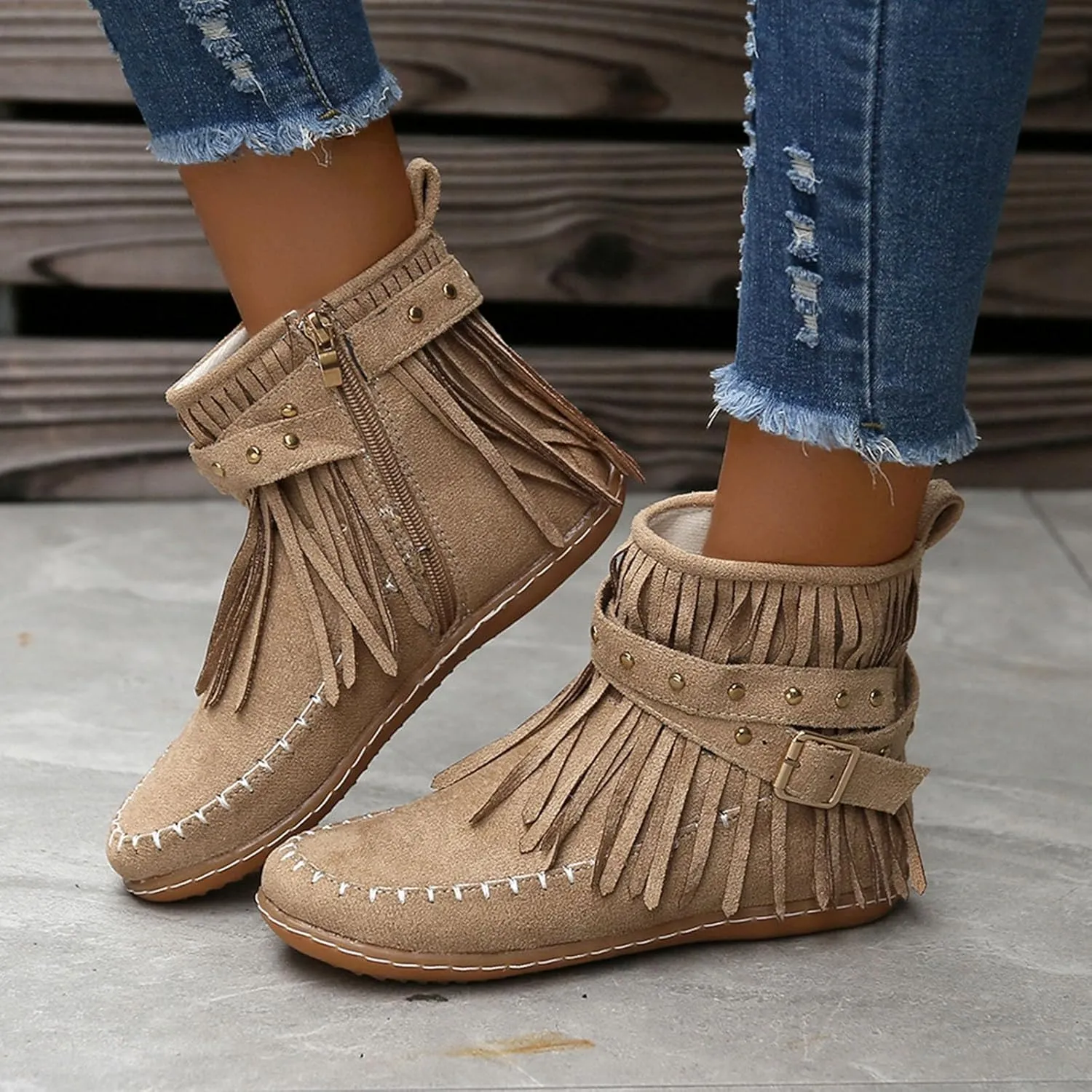Short Western Boots For Women Ankle Cowboy Boots Suede Fringe Boots Moccasin Cowboy Boots Flat Tassel Boots