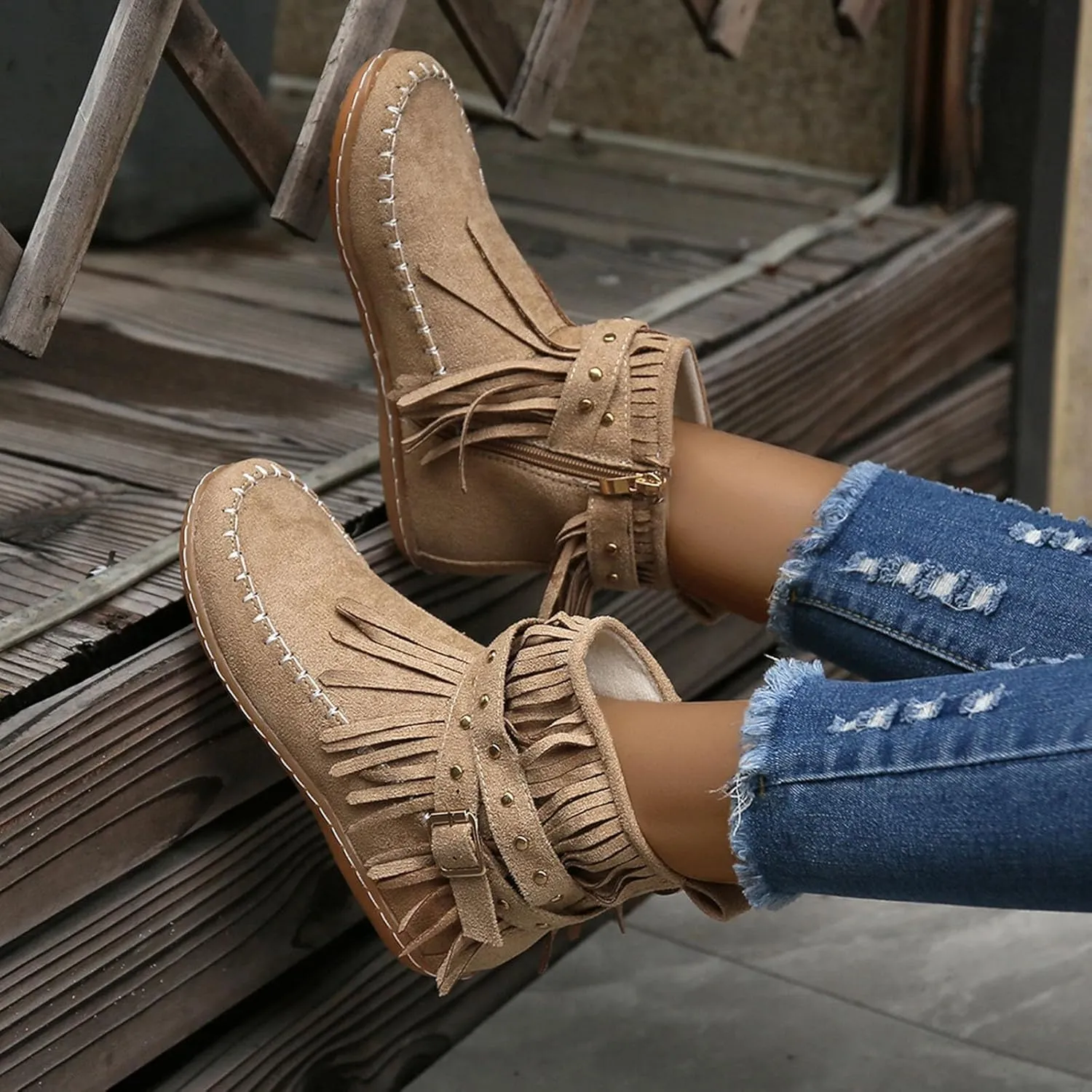 Short Western Boots For Women Ankle Cowboy Boots Suede Fringe Boots Moccasin Cowboy Boots Flat Tassel Boots