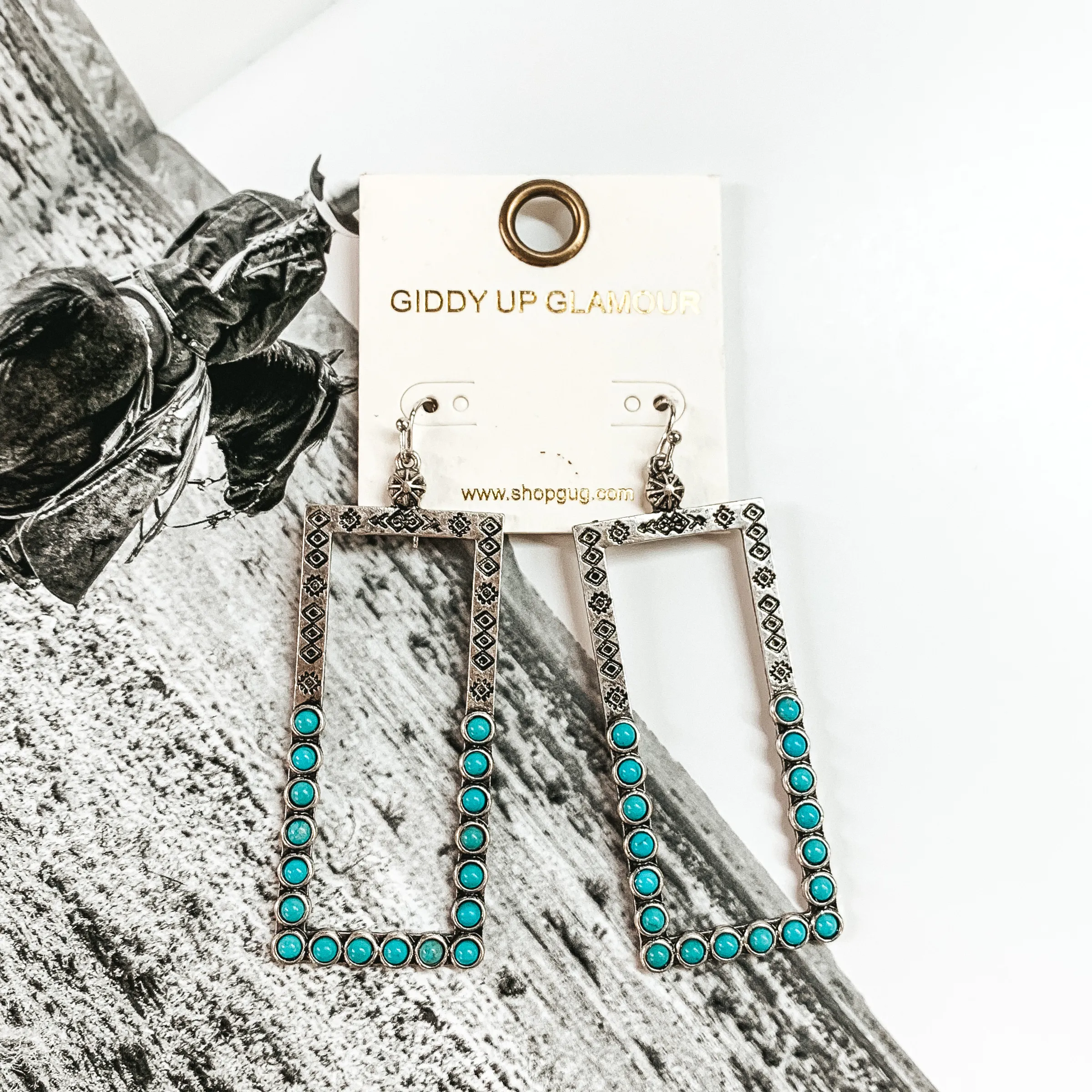 Silver Tone Open Rectangle Earrings with Faux Turquoise Stones and Engraving