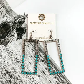 Silver Tone Open Rectangle Earrings with Faux Turquoise Stones and Engraving