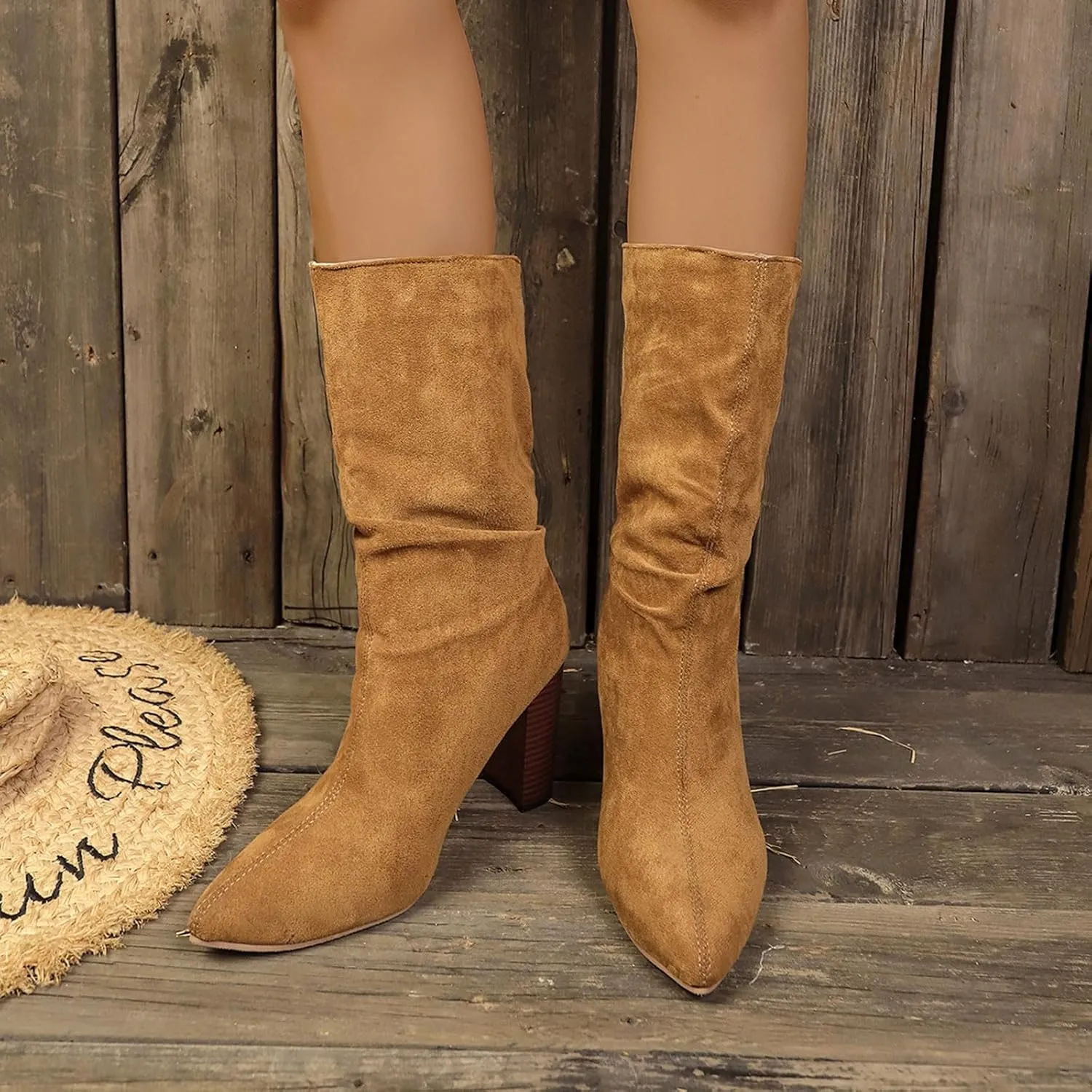 Sinzelimin Women's Ankle Boots Chunky High Heel Pointed Toe Wide Mid Calf Boots Comfy Casual Shoes, Cowboy Boots for Women