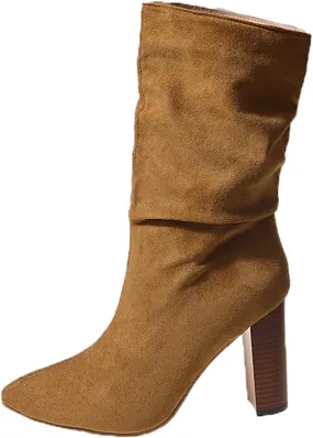 Sinzelimin Women's Ankle Boots Chunky High Heel Pointed Toe Wide Mid Calf Boots Comfy Casual Shoes, Cowboy Boots for Women