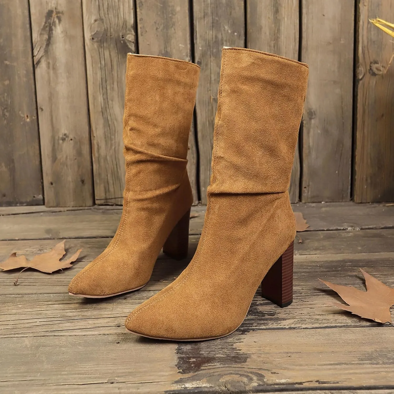 Sinzelimin Women's Ankle Boots Chunky High Heel Pointed Toe Wide Mid Calf Boots Comfy Casual Shoes, Cowboy Boots for Women