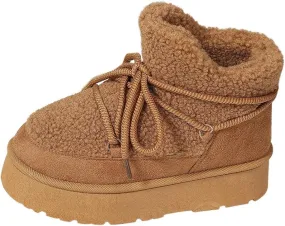 Snow Boots for Women Fleece Lined Furry Winter Warm Cotton Shoes Ankle Booties Flat Comfy Lace up Mid Calf Boots