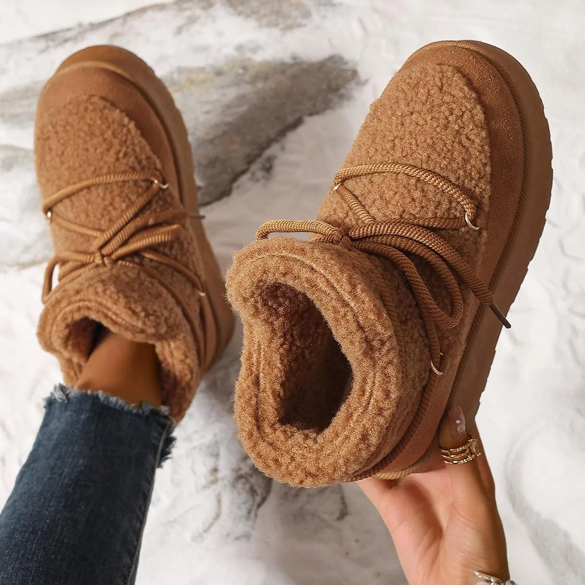 Snow Boots for Women Fleece Lined Furry Winter Warm Cotton Shoes Ankle Booties Flat Comfy Lace up Mid Calf Boots