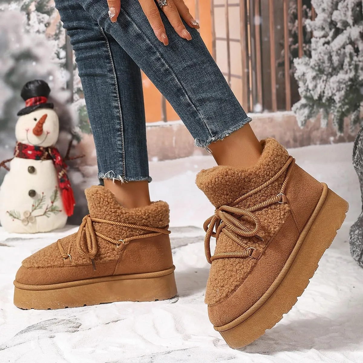 Snow Boots for Women Fleece Lined Furry Winter Warm Cotton Shoes Ankle Booties Flat Comfy Lace up Mid Calf Boots